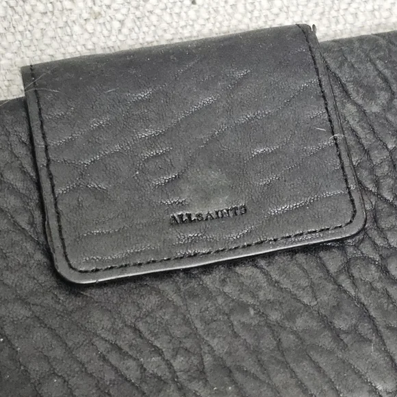 AllSaints Black Distressed Leather Tri Fold Wallet Zip Pocket - Picture 6 of 11